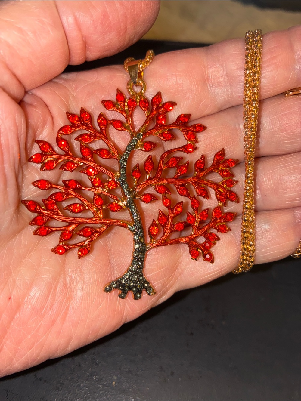 Tree of Life Pendant Necklace with Red Enamel Leaves